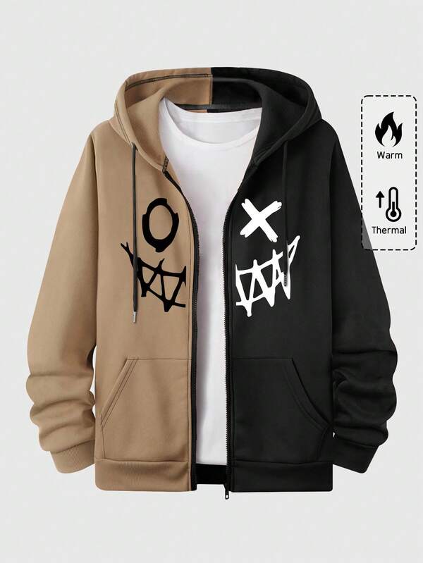 ROMWE MEN Street Life Sudadera con capucha con cremallera y cordón de dos tonos con gráfico de dibujos animados para hombres, para la escuela, otoño e invierno