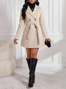 SHEIN Lady 秋冬季卡其色翻领羊毛大衣 优雅女士秋季风衣 女士双排扣羊毛大衣配吊带设计 冬季女士夹克 女士防风夹克 秋季女士 冬季女士 女士服装 秋季女士 女士冬季夹克 女士冬季外套 女士感恩节 感恩节 女士感恩节 优雅女士时尚系列 - 杏色 - 查看 1