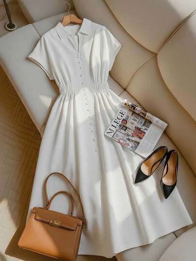 Franclia Plus Size Women's Fashion Waist Cinching White Short Sleeve Dress, Long Casual Dress Plus Size Women's Elegant Solid Color Fitted Comfortable Dress White Classy Dress French Style Dress White Dress Vintage White Dress White Button Up Dress White Vintage Dress White Western Dress