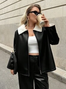 Auralis 大码女式秋冬时尚休闲宽松舒适日常保暖内衬黑色 PU 夹克、冬季外套、街头服饰、女士冬装