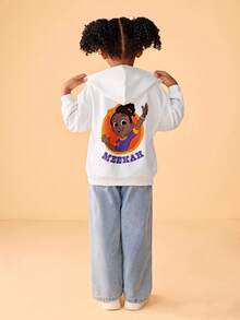 Blippi X SHEIN Young Girl Casual Cartoon Graphic Hooded Zip-Up Long Sleeve Knit White Sweatshirt - White - View 2