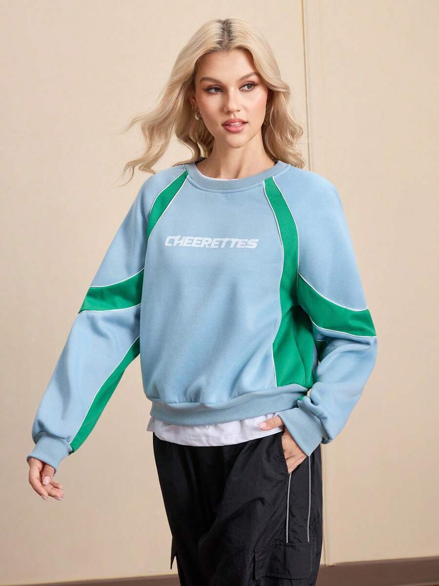 Menodora SHEIN Sport Women's Letter Print Contrast Color Round Neck Raglan Sleeve Sporty Sweatshirt Women Athleisure - Blue - View 1