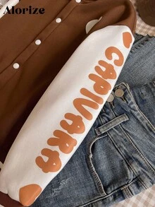 SHEIN Kurtka baseballowa dla dziewcząt w wieku 1/2 lat, uniwersalna, na co dzień, z motywem kapibary, z polarową podszewką, w stylu casualowym i patchworkowym, z motywem kapibary, jesień/zima