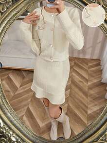 SHEIN LUNE 女士秋冬水钻纽扣厚针织长袖夹克和迷你裙套装，优雅百搭，适合派对、休闲聚会 - 黃色 - 查看 8