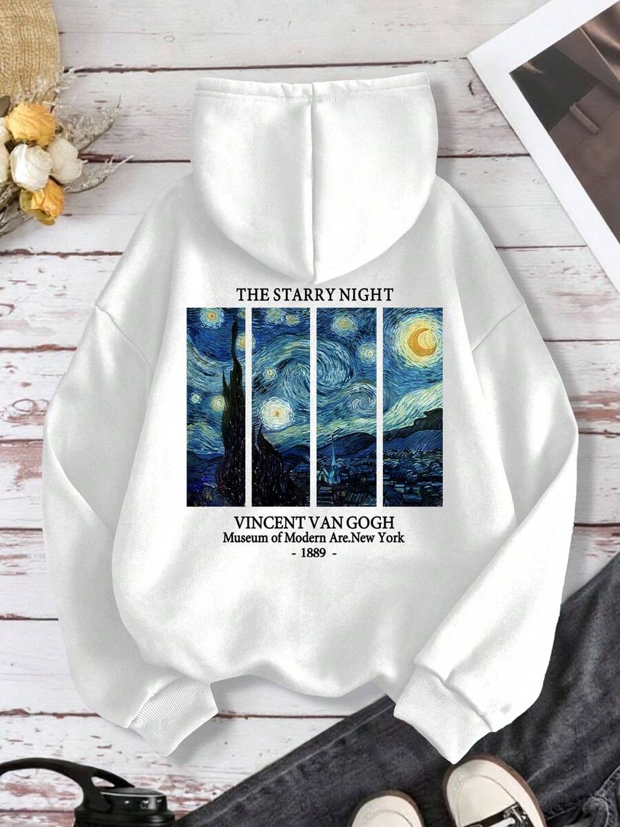 INAWLY 女士极简印花长袖常规卫衣 - 白色 - 查看 1