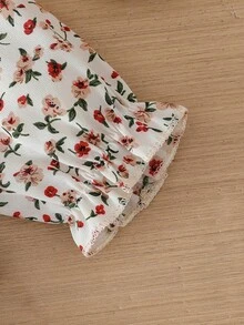 SHEIN 女婴优雅简约彼得潘领杏色连衣裙，黑色撞色蝴蝶结装饰，附赠同款包包 - 棕色 - 查看 8