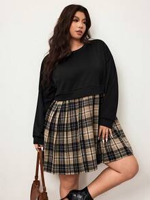 Enliva Plus Size Women Plaid Patchwork Long Sleeve Sweatshirt Dress, Suitable For Autumn/Autumn /Winter, Compatible With Apple Rounded Body Shape/2026 /New Year/Valentine's Day - Black - View 4