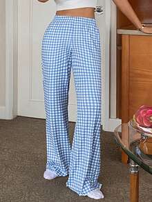 DAZY Women's Casual Everyday Gingham Print Flare Leg Lounge Pants - Blue - View 6