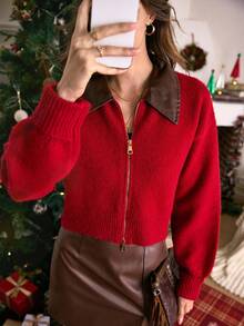 LanaWest 女式拉链拼布领休闲针织开衫 - 紅色 - 查看 5