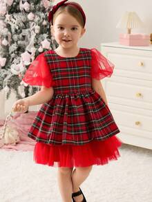 Glamorique Kids 圣诞儿童连衣裙 - 女孩红色格子薄纱派对连衣裙，配有可爱的蝴蝶结和泡泡袖，甜美的节日装 - 紅色 - 查看 4
