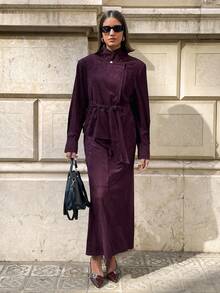 Aloruh Women's New Autumn/Winter Cherry Red Short Suede Trench Coat With Double-Breasted Stand Collar, Waist Belt - Burgundy - View 7