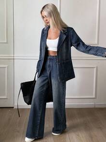 DAZY Women's Autumn Lapel Jacket And Loose Fit Jeans Set - Dark Wash - View 5