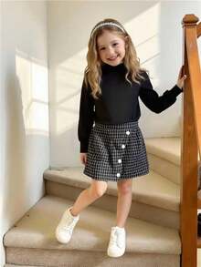 女童舒适简约黑色短袖上衣搭配黑色格子时尚秋冬半装 - 黑色 - 查看 3
