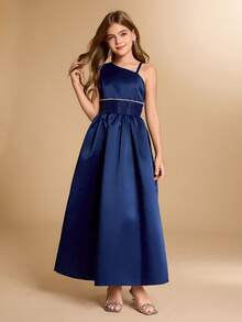 Girls' Long Piano Recital Dress, Christmas Party Gown, Children's Orchestra Choir Dress, Junior Host Princess Dress, Minimalist - Navy Blue - View 3