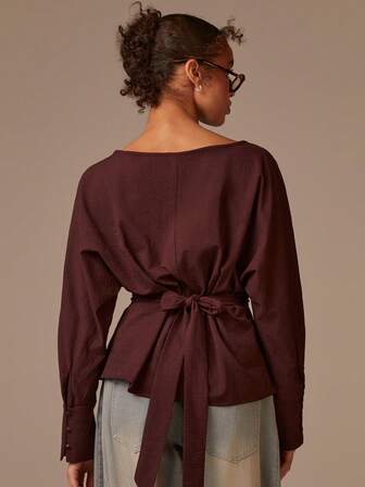 Athîral Women's New Year,Brown Shirt,Solid Color Boat Neck Batwing Sleeve Ruched Hem Fashionable Blouse,Thanksgiving For Women