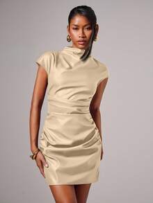 COSMINA Women's Elegant PU Leather Pleated Mini Dress, Summer - Apricot - View 7