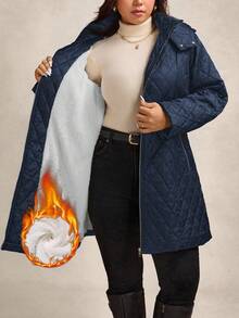 Zelara Quilted Padded Coat With Metal Belt, Plus Size Hooded Coat In Fall/Winter - Navy Blue - View 1