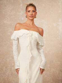 Lumalex Spring Summer 1pc Women's Off-Shoulder Ruffle Trim Bodycon Long Sleeve Dress With Flared Hem Perfect For Summer, Spring-Break Trips, Cruises, Beach Weekends, Vacations, Parties, Date Nights, Weddings, Proms, Banquets, Birthdays, Carnivals, Festivals And Other Holiday Events. Neo-Girly Charm, Boho-Casual Flair, Quiet Luxury, Business Chic, And Relaxed Vacay A Richly Layered, Glitter-Accented Style For Luxury Proms, Receptions, Banquets, Weddings, Raves, Festivals, Holiday Gatherings, And Outdoor Evening Occasions-Ideal Whenever You Need A Sophisticated Yet Striking Party Look - Red - View 3