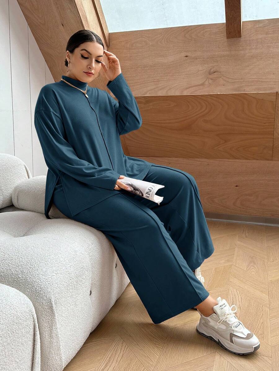 SHEIN Essnce 秋季大码休闲纯色侧开叉上衣和裤子两件套 - 藍色 - 查看 1