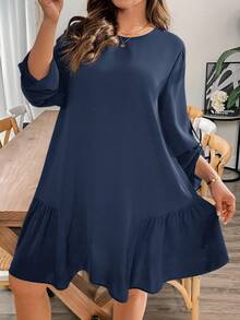 SHEIN Essnce Plus Size Women's Navy Blue Autumn Smart Casual Everyday Dress,Loose Comfortable Adjustable Sleeve Length Black Dresses,Church Outfits,Curve Cute - Navy Blue - View 2