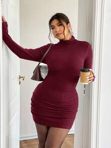 Lounesse Plus Size Women's High Neck Textured Long Sleeve Bodycon Dress,Elegant Burgundy Autumn Knit Red Wine Dress For Night Out Club,Wedding,Valentine's Day - Burgundy - View 8