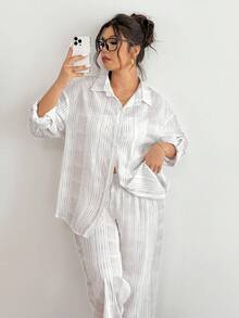 Lounesse 大码女式蓝白条纹宽松休闲两件套 - 彩色 - 查看 5