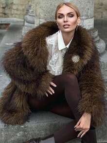 FLORETTA ÉLENA Jachetă de damă la modă cu mânecă lungă și guler din blană artificială Ombre toamnă/iarnă nouă - Maro - Vizualizare 2