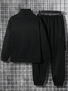 SHEIN 两件套男童立领卫衣带口袋及运动裤休闲运动套装，适合秋冬季休闲、运动、上学穿着。 - 黑色 - 查看 2