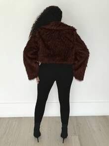 Alexandranx 女式复古时尚前开仿毛领夹克，冬季外套 - 巧克力棕 - 查看 2