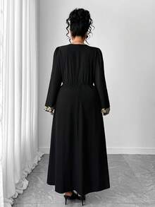 Elenzga Women's Elegant Gold Lace Trim V-Neck Long Sleeve Flare Dress - Black - View 2