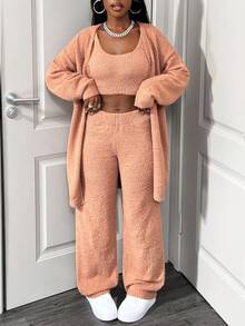 SHEIN BamGlam 3 件套女士针织套装：短款背心、长款开衫和修身裤，纯色休闲简约毛衣套装 - 咖啡棕 - 查看 4