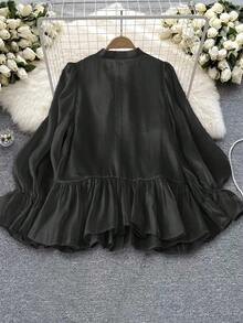 Rometta Plus Size Women's Pearl Beaded Bowknot Flare Sleeve Blouse - Black - View 2