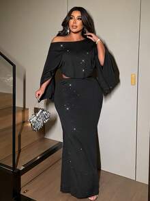 NU&NOW Plus Size Sexy Off-The-Shoulder 2 Pieces Set - Black - View 3