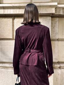 Aloruh Women's New Autumn/Winter Cherry Red Short Suede Trench Coat With Double-Breasted Stand Collar, Waist Belt - Burgundy - View 2