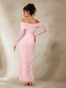 Cheriluna Maternity Maternity Photoshoot Dress, Long Sleeve Off-Shoulder Cross Front Design, Pearl Decor, Fitted Double-Layer Long Dress - Pink - View 2