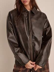 Easelle 秋冬女士咖啡色编织皮夹克 - 棕色 - 查看 3