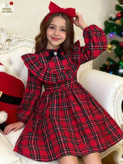 Tween Girls' Casual Red Plaid Patchwork Ruffle Hem Long Sleeve Cinched Waist Flared Dress, Autumn/Winter
