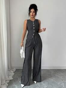 Selianne Bộ đồ 2 món thời trang Elenzga dành cho nữ, gồm áo ba lỗ cổ tròn cài nút không tay và quần ống đứng ống rộng cạp cao, phong cách thanh lịch khi đi làm - màu đen - Xem 5