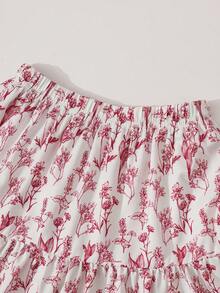 SHEIN Tween Girl Pearl Decor Round Neck Puff Sleeve T-Shirt And Floral Print Skirt Casual Set - Multicolor - View 5