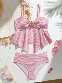 少女夏季沙滩金属海星装饰开衩吊带泳衣套装 - 粉色 - 查看 4