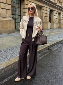 Vivie Lora Cárdigan de punto casual de mujer con cuello y estampado geométrico - Beis - Ver 6