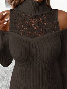 SHEIN Clasi Suéter de mujer de invierno con diseño de manga calada y elegante parche de encaje para fiestas, trabajo y salir - Café integral - Ver 3