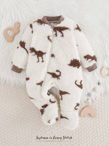 Cozy Pixies 新生女婴卡通恐龙印花保暖内衬圆领长袖连体衣 - 杏色 - 查看 7