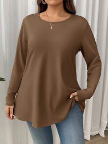 加大码优雅休闲度假宽松长袖圆领纯色基本款分层伞形下摆 T 恤 - 駝色 - 查看 8