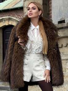 FLORETTA ÉLENA Jachetă de damă la modă cu mânecă lungă și guler din blană artificială Ombre toamnă/iarnă nouă - Maro - Vizualizare 4