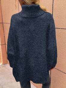 Chiquease 女士休闲高领纯色落肩宽松毛衣秋冬新年衣服 - 藏蓝色 - 查看 2