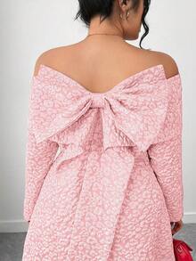 Elenzga 大码女式圣诞红色提花露肩露背蝴蝶结长袖短裙