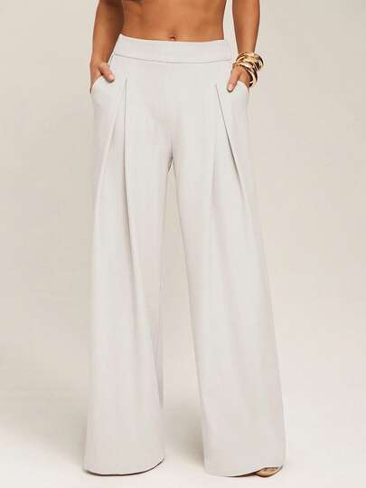 Silquee Women's Casual Solid Color Loose Pocket Pants Wide Leg Pants Palazzo Pants Pleated Pants Loose Pants In Fall/Winter