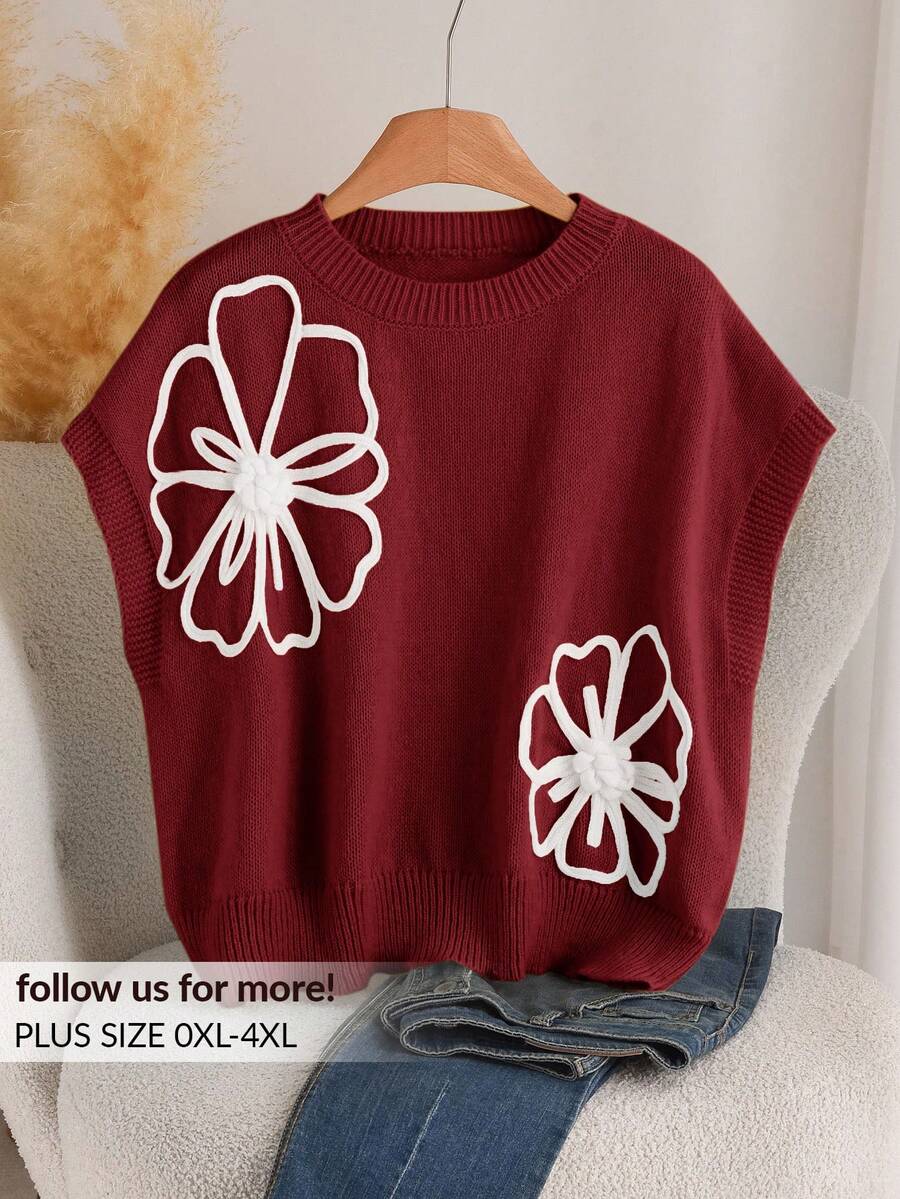 CosyJoli Plus Size Women 3D Floral Pattern Knit Sweater, Casual For Autumn - Rust Brown - View 1