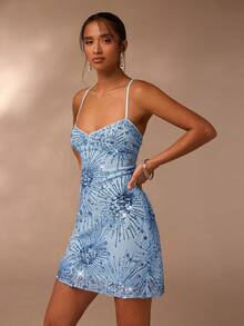 Glamine 蓝色亮片刺绣迷你连衣裙，露背系带紧身派对连衣裙，蓝色短款度假连衣裙 - 淺藍色 - 查看 1